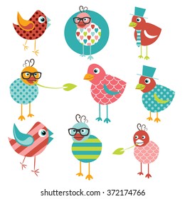 Color kid birds pattern. Flat design repeat seamless background. Vector.