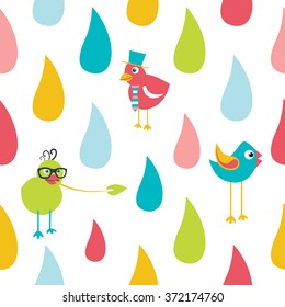 Color kid drops and birds pattern. Flat design repeat seamless background. Vector.