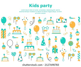 Color kids party background with text space. Birthday festival anniversary flat line banner invitation design. Beautiful card with cake balloon muffin present hat candy. Minimal vector illustration.