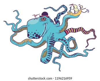 Color kind kraken. Graphics for children's literature or packaging design children's products.Color vector illustration. Can be used in social networks, for articles, publications, postcards, print.