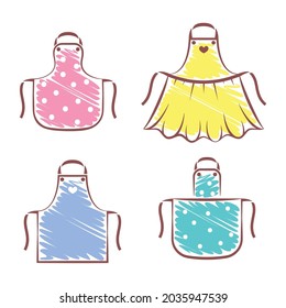 Color kitchen aprons of different shape set. View front. Isolated vector illustration