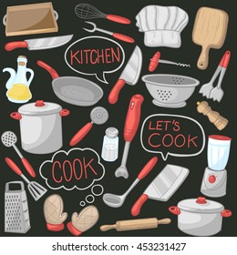 Color Kitchen Cook Items Blackboard Doodle Icons Hand Made Vector Illustration Sketch.