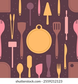 Color kitchenware seamless pattern. Cooking utensil. Different tools and cutlery. Cutting board. Repeated culinary theme. Spatula and knife. Kitchen wallpaper print