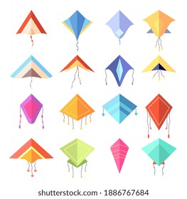 Color kite. Geometric forms rhombus, cartoon flying bright toys. Isolated kids summer game, festival equipment with ribbons utter vector set