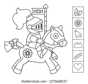 Color the knight. Find the objects hidden in the picture. Games for kids. Coloring page. Educational activity for children