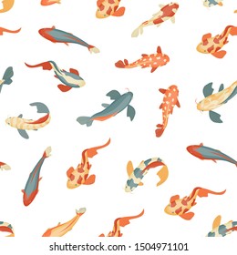 Color Koi Fish Seamless Pattern Background on a White Swimming Carp is a Chinese or Japanese Asian Traditional Symbol. Vector illustration