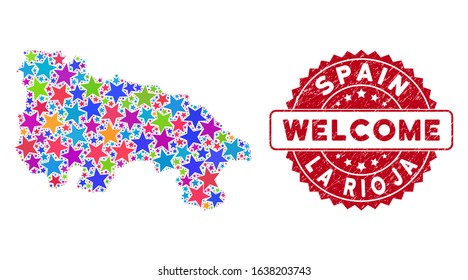 Color La Rioja of Spain map mosaic of stars, and scratched rounded red WELCOME stamp seal. Abstract territory plan in bright color tints. Vector La Rioja of Spain map is designed of colorful stars.