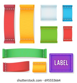 Color Label Fabric Blank Vector. Realistic Set Bright Blank Fabric Cloth Labels Or Badges With Stitching.