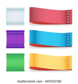 Color Label Fabric Blank Vector. Realistic Set Bright Blank Fabric Cloth Labels Or Badges With Stitching.