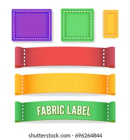 Color Label Fabric Blank Vector. Realistic Set Bright Blank Fabric Cloth Labels Or Badges With Stitching.