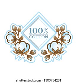 Color label with rhombus frame between pattern from cotton plants. Logo for textile, fabric, cloth or business