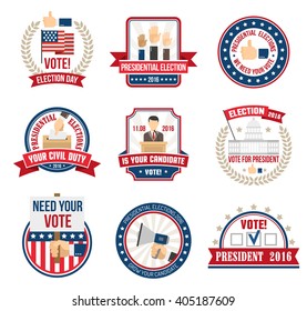 Color labels and emblems for agitating people vote in presidential election in 2016 isolated vector illustration