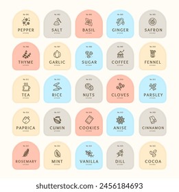 Color Labels for Spices Food Stickers for Marking Jars and Containers Thin Line Set. Vector illustration of Linear Label