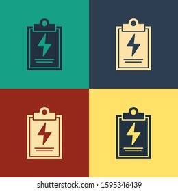 Color Laboratory clipboard with checklist icon isolated on color background. Control list symbol. Vintage style drawing. Vector Illustration