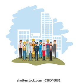 color landscape with buildings of background and group of men of different professions vector illustration