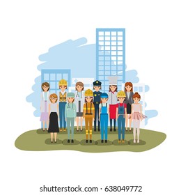 color landscape with buildings of background and group of women of different professions vector illustration