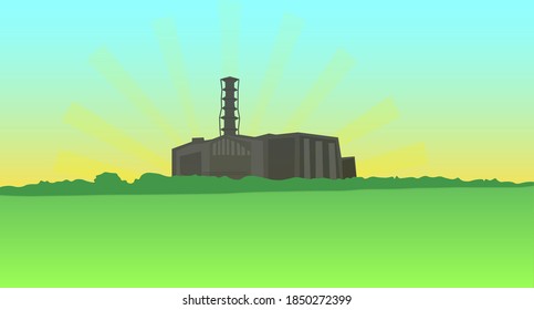 Color landscape with a dark silhouette of the Chernobyl nuclear power plant in the distance. The concept of the Chernobyl radiation disaster. Vector illustration