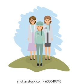 color landscape with female doctors vector illustration