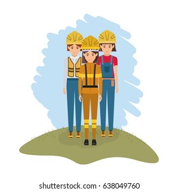 color landscape with female firefighter and women builder vector illustration