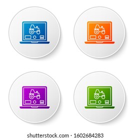 Color Laptop application for control a autonomous tractor on a smart farm icon isolated on white background. Smart agriculture implement. Set icons in circle buttons. Vector Illustration