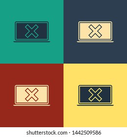 Color Laptop and cross mark on screen icon isolated on color background. Error window, exit button, cancel, 404 error page not found concept. Vintage style drawing. Vector Illustration