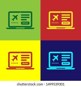 Color Laptop with electronic boarding pass airline ticket icon isolated on color background. Passenger plane mobile ticket for web and app.  Vector Illustration