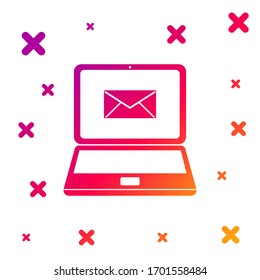 Portátil en color con sobre y correo electrónico abierto en el icono de pantalla aislado en fondo blanco. Marketing por correo electrónico, conceptos de publicidad en Internet. Formas dinámicas aleatorias degradadas. Ilustración vectorial