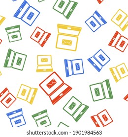 Color Laptop with envelope and open email on screen icon isolated seamless pattern on white background. Email marketing, internet advertising concepts. Vector.