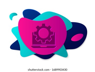 Color Laptop and gear icon isolated on white background. Adjusting app, setting options, maintenance, repair, fixing. Abstract banner with liquid shapes. Vector Illustration