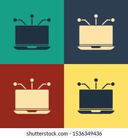 Color Laptop icon isolated on color background. Technology and devices concept.. Vintage style drawing. Vector Illustration