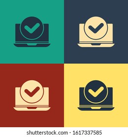 Color Laptop icon isolated on color background. Computer notebook with empty screen sign. Vintage style drawing. Vector Illustration