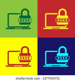 Color Laptop with password notification and lock icon isolated on color backgrounds. Concept of security, personal access, user authorization, login form. Vector Illustration
