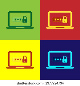 Color Laptop with password notification and lock icon isolated on color backgrounds. Concept of security, personal access, user authorization, login form. Vector Illustration