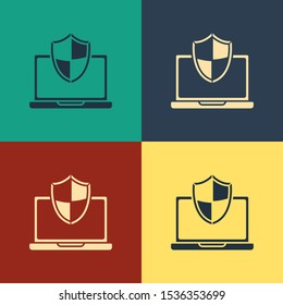 Color Laptop protected with shield icon isolated on color background. PC security, firewall technology, privacy safety. Vintage style drawing. Vector Illustration
