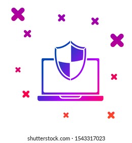 Color Laptop protected with shield icon isolated on white background. PC security, firewall technology, privacy safety. Gradient random dynamic shapes. Vector Illustration