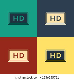 Color Laptop screen with HD video technology icon isolated on color background. Vintage style drawing. Vector Illustration