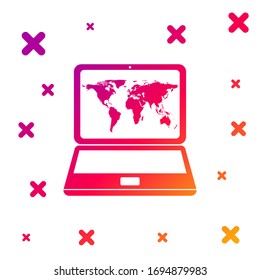 Color Laptop with world map on screen icon isolated on white background. World map geography symbol. Gradient random dynamic shapes. Vector Illustration