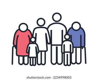 Color large family icon. Good relationship metaphor, grandfather and grandmother, father and mother and kids. Several generations, age. Poster or banner for website. Cartoon flat vector illustration