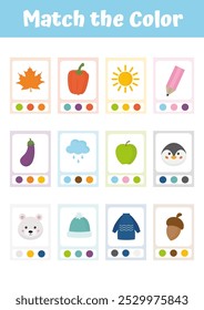 Color learning and sorting game for kids. Educational activity for preschool, kindergarten. Toddler elementary educational game. Learn colors for kids, homeschooling materials, teacher resource.