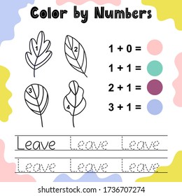 Color the leaves by numbers. Funny coloring game. Educational activity for kids. Tracing words worksheet. Vector illustration