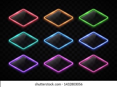 Color led lamp electric lozenge signs set with shiny plastic plate on transparent background. Night club rhombus. Retro neon light frame with glowing effect. 80s style techno brill vector illustration