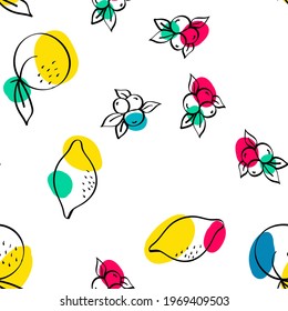 Color Lemon and Strawberry Vector White Seamless Pattern. Cartoon Fruit Texture. Pink and Yellow Orange and Berry Drawing Print.