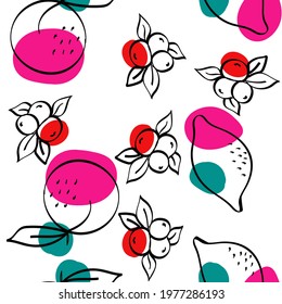 Color Lemon Vector White Seamless Pattern. Line Fruit Wallpaper. Bright Apricot and Lime Sketch Background.
