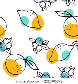Farblemon Vektor weißes nahtloses Muster. Summer Apfel und Peach Illustration. Blue und Orange Orange und Berry Cute Print.