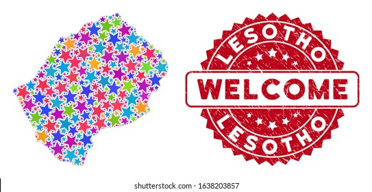 Color Lesotho map composition of stars, and textured round red WELCOME seal. Abstract territorial plan in bright color tinges. Vector Lesotho map is designed of color stars. Designed for political,