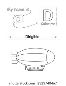 Color the letter and picture. Educational children game. Coloring alphabet. Letter D and cartoon dirigible.