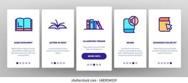 Color Library Book Onboarding Mobile App Page Screen Vector Thin Line. Opened And Closed Publishing Book For Education And Reading Linear Pictograms. Literature Bookstore Contour Illustrations