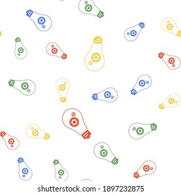 Color Light bulb and gear inside icon isolated seamless pattern on white background. Innovation concept. Vector.