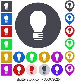 Color light bulb icon, button, symbol set. Square, circle and pin versions.