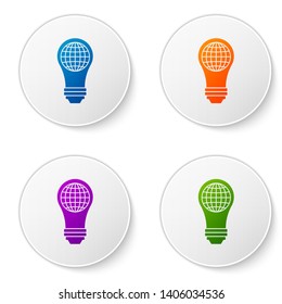 Color Light bulb with inside world globe icon isolated on white background. Planet Earth on the lamp. Global ecology concept. Set icons in circle buttons. Vector Illustration